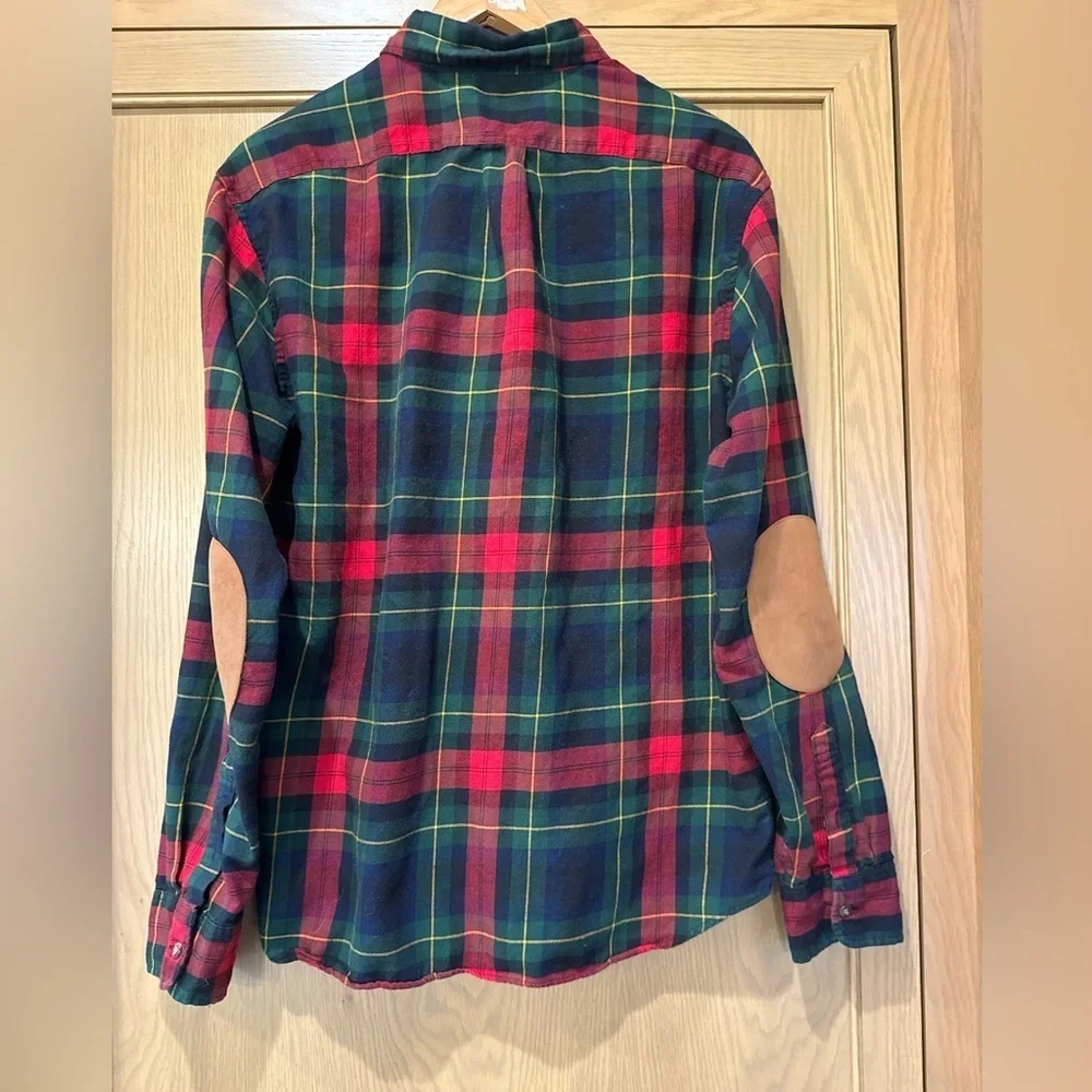 J. Crew Plaid Button Down Elbow Patches Cotton/Wool Flannel Holiday Large Slim